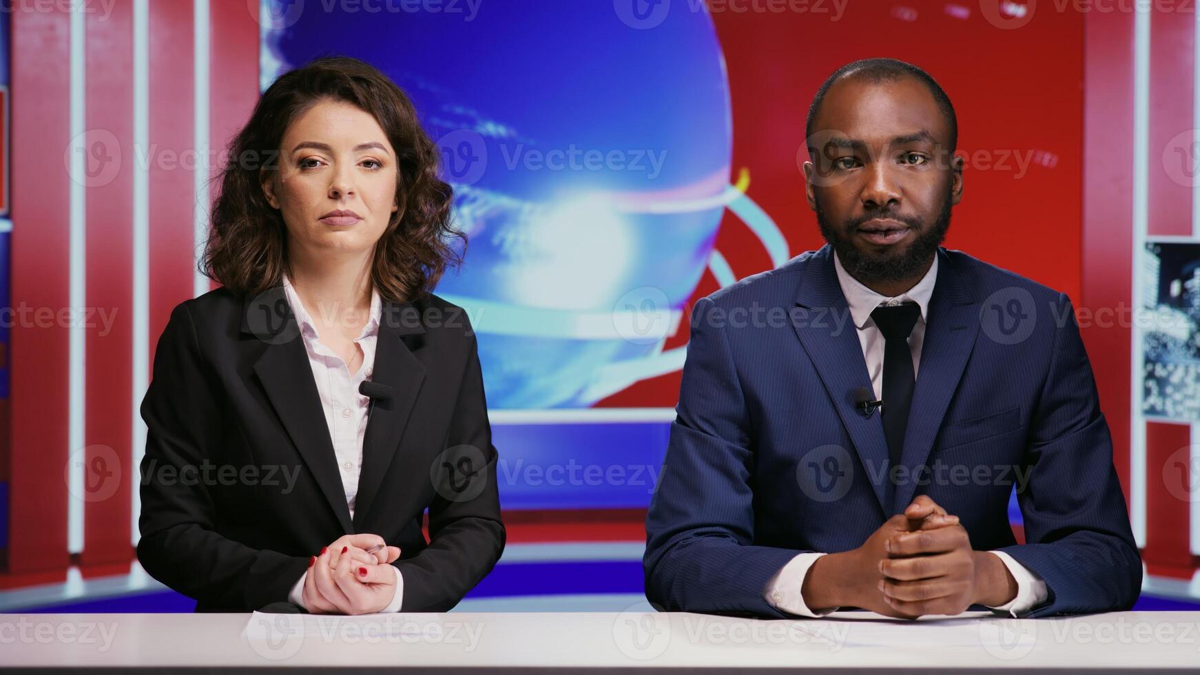 Diverse journalists hosting morning show to address all news topics live on global network, international tv program. Media reporters team presenting entertainment events on broadcast panel. photo