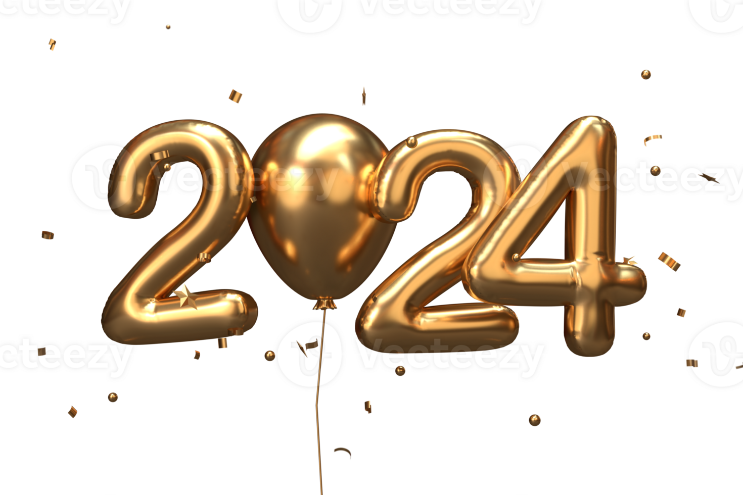 2024 Nouvel An Rendu 3d Lettrage Or Avec Podium PNG , Ballon 3d