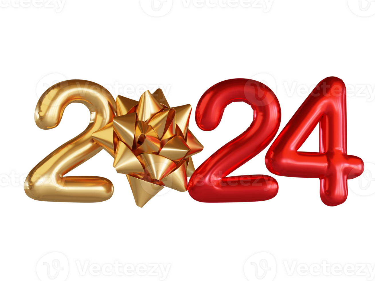 Modern Style red gold 2024 3D render balloon text with ribbon ball png