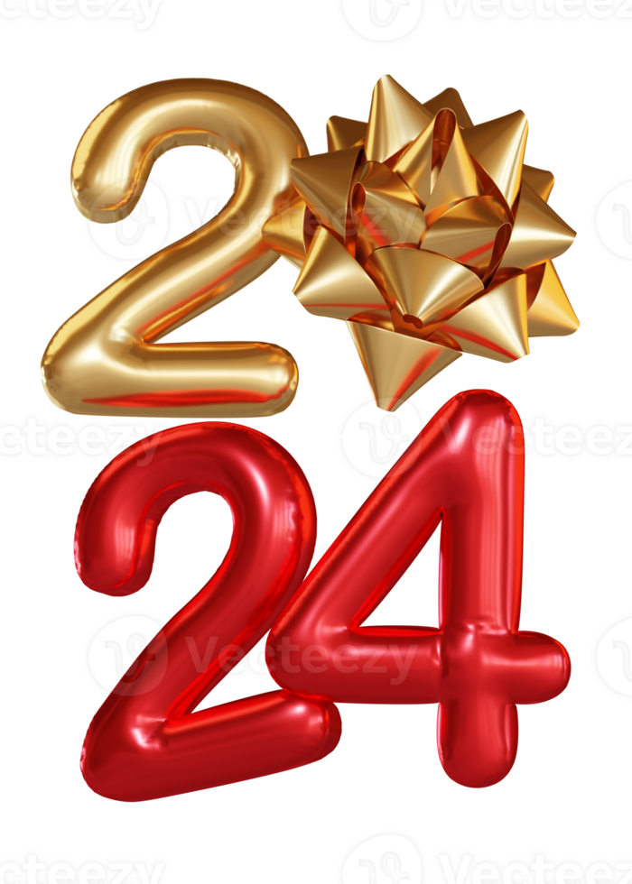 Modern Style red gold 2024 3D render balloon text with ribbon ball png