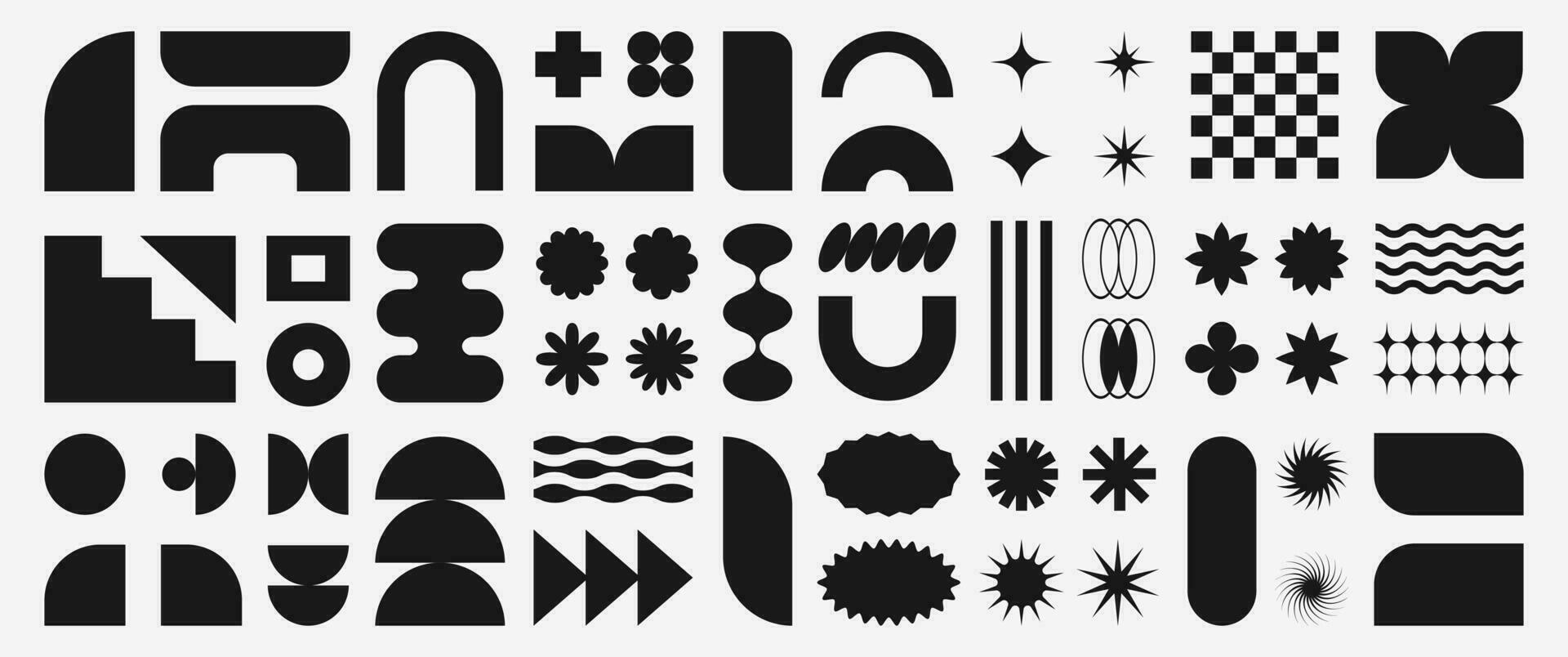 Abstract retro shapes, basic brutal forms and figures in Y2K aesthetics, vintage stickers, logos, labels. Decorative design elements, vector illustration.