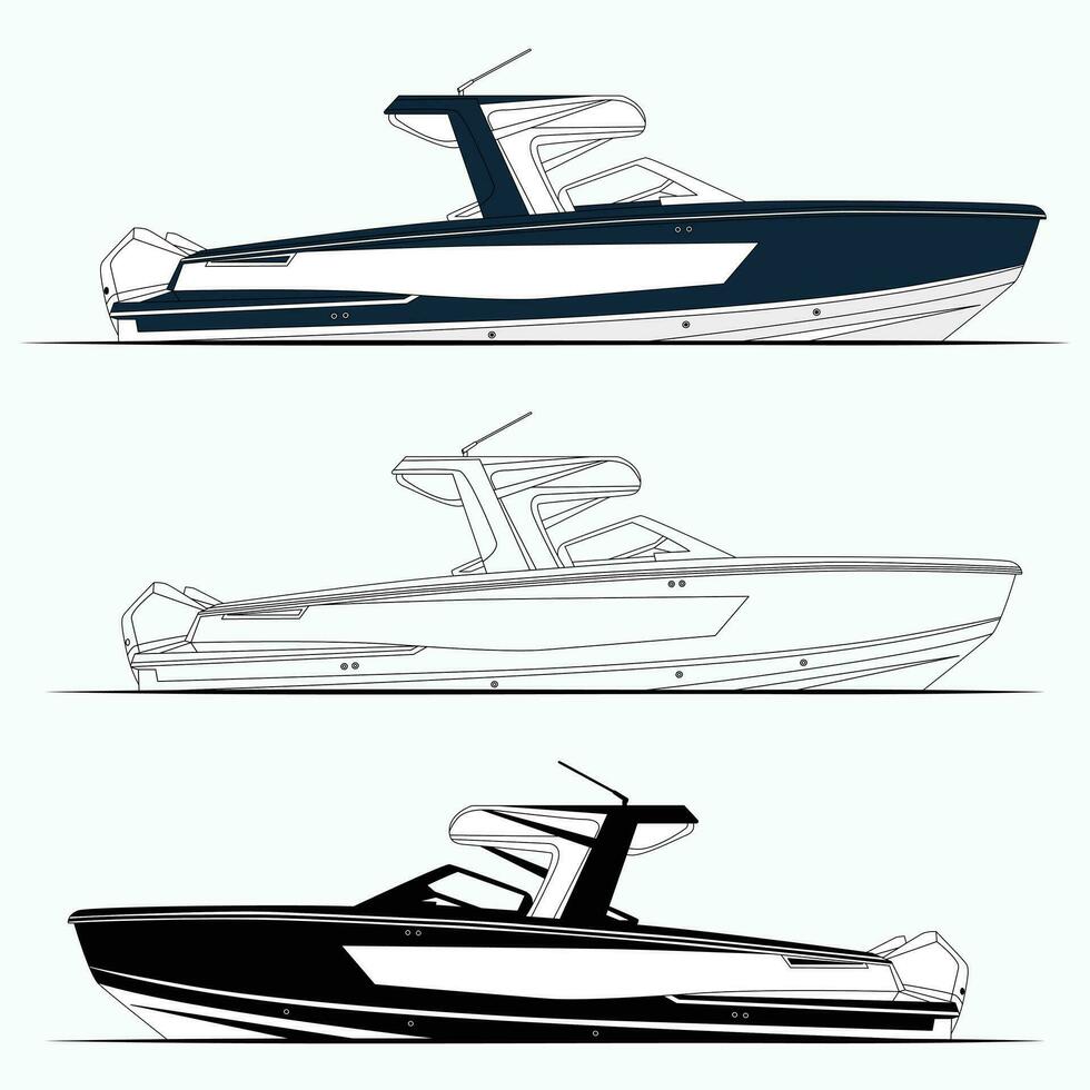 Fishing boat vector graphic, line art, and one-color.