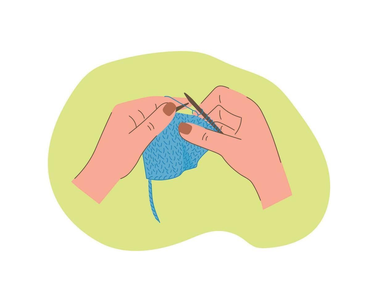 Woman hands are knitting with knitting needles. Knitting process, top view on hands holding needles. Hobby time. Vector illustration of a flat design. Creative hobby.