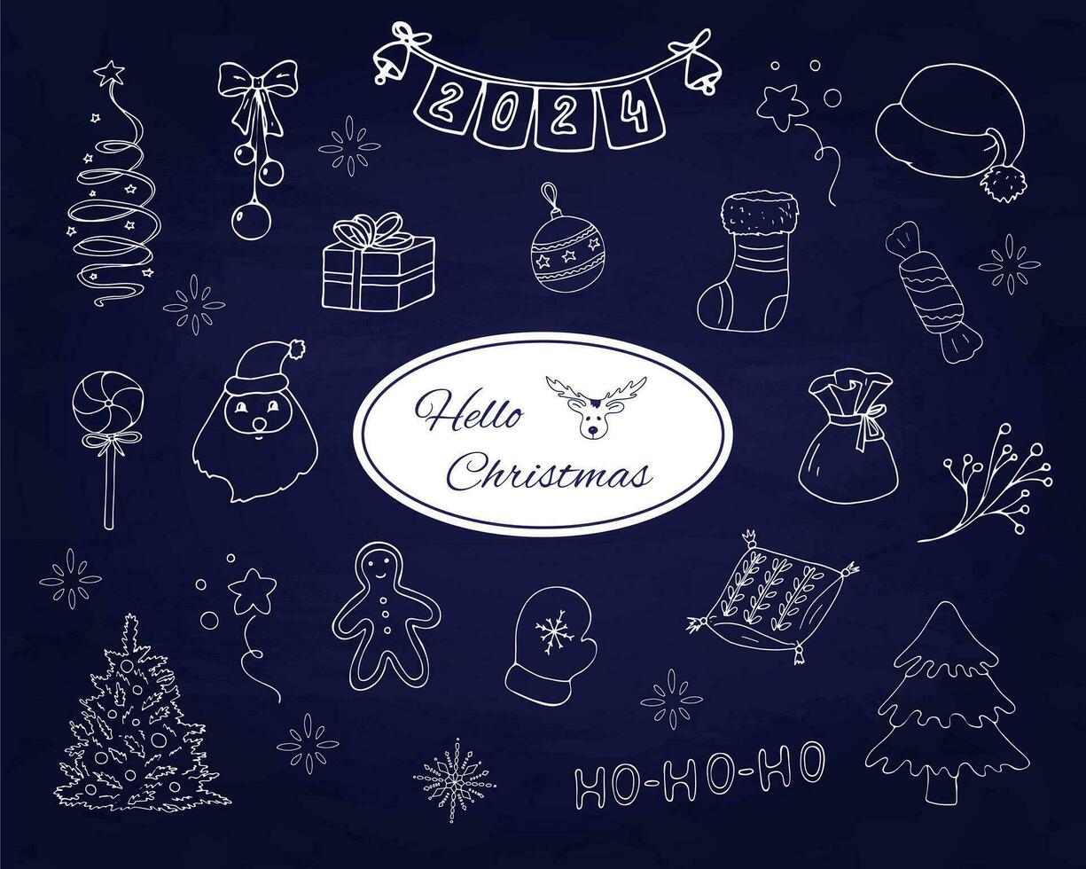 Christmas elements in doodle style. Objects and elements related to New Year celebrations such as fireworks, Christmas trees, Santa Claus, Gingerbread, Pillow, Snowflake, Santas hat, etc. vector