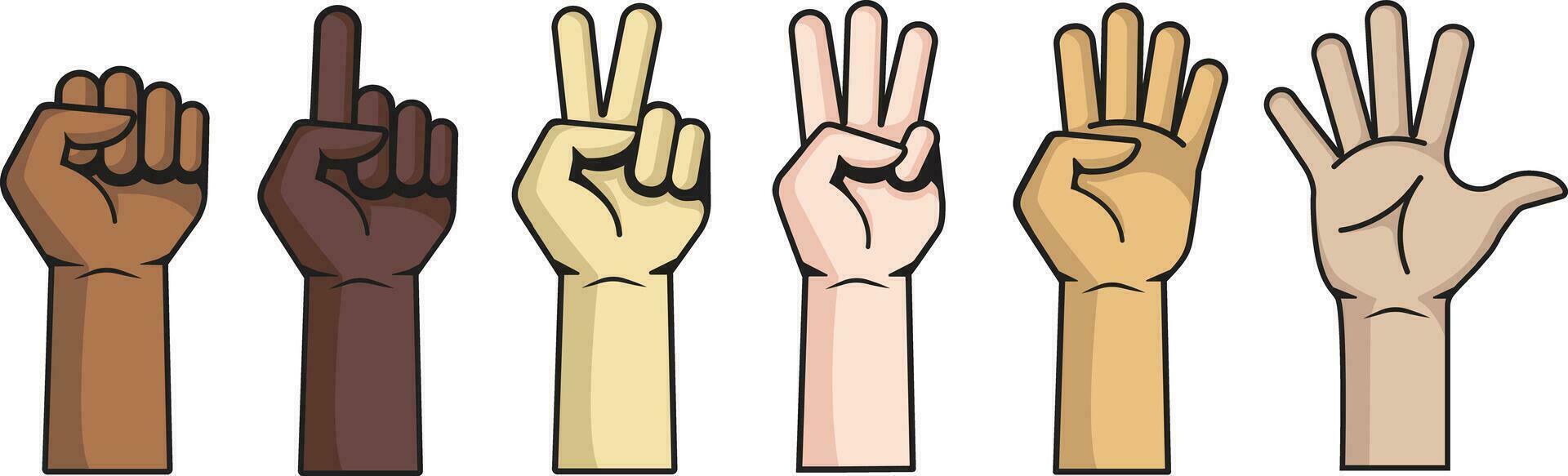 Isolated hands counting from zero to five. Set of palm cartoon with different finger positions. Different gestures made with hand. hands of different ethnicities, different skin tones. hand numbers vector