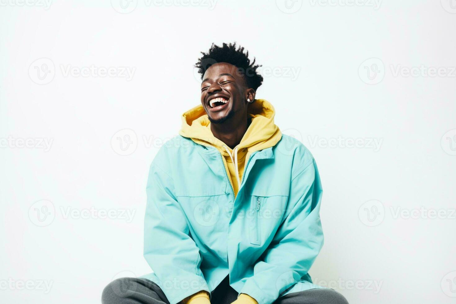 black guy smiling wearing blue long sleeve shirt on blue background photo