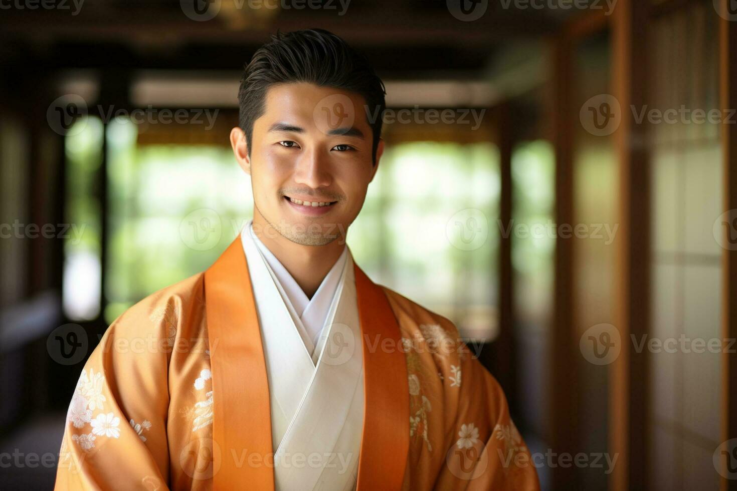 japanese man wearing a hakama and smiling bokeh style background photo
