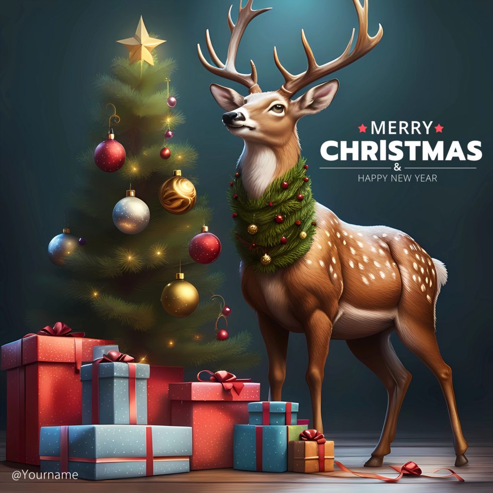 AI generated Merry Christmas Card Template With Deer, Christmas Tree And Presents psd