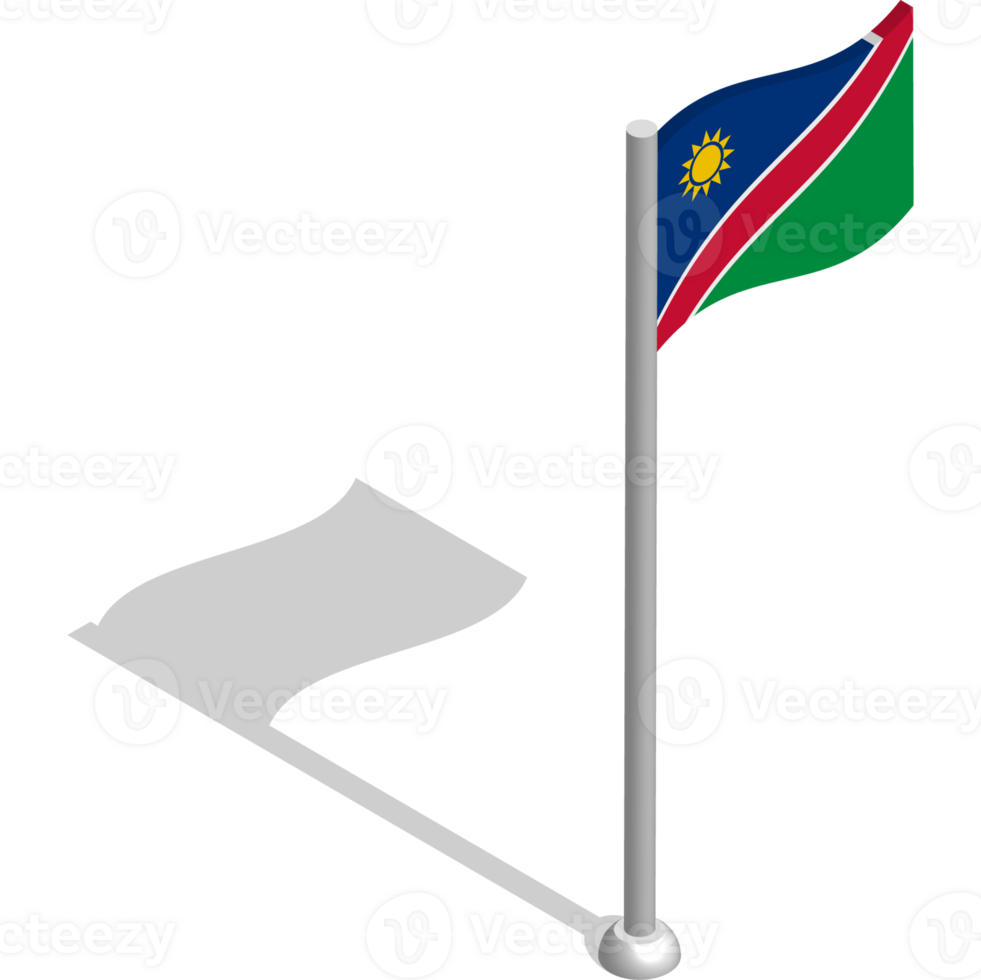Isometric flag of NAMIBIA in motion on flagpole. National banner flutters in wind. PNG image on transparent background