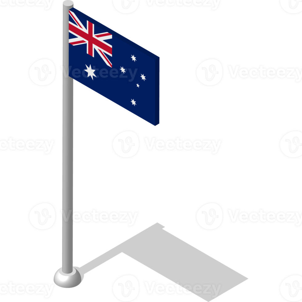 Isometric flag of AUSTRALIA in static position on flagpole. National banner of country in static, even position. PNG image on transparent background