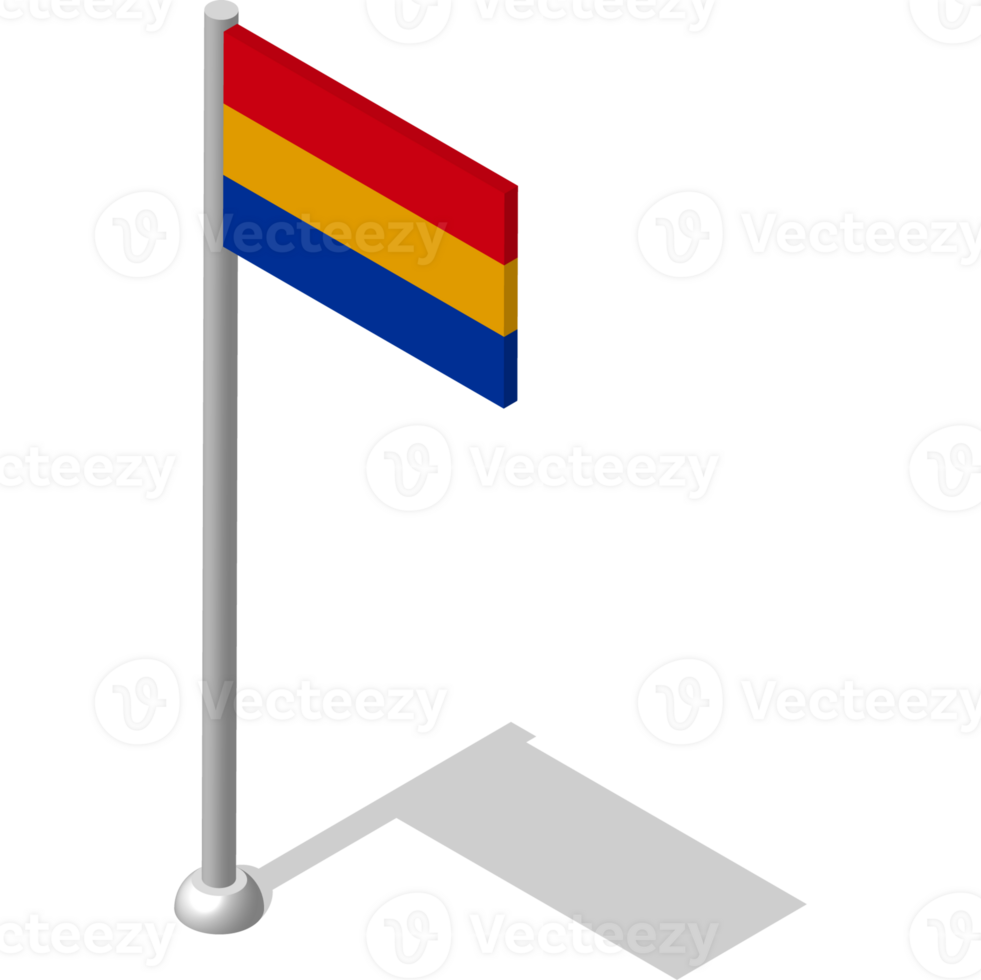 Isometric flag of Republic of ARMENIA in static position on flagpole. National banner of country in static, even position. PNG image on transparent background