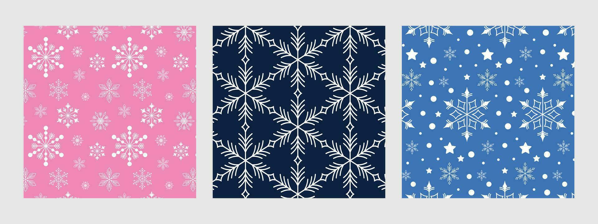 Set of winter seamless patterns with snowflakes. Background of snowflakes on pink, blue and light blue. vector