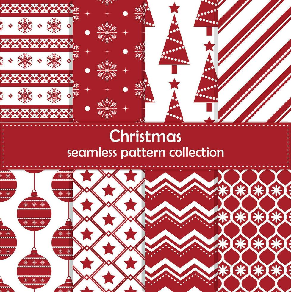 Set of seamless fabric Merry Christmas and Happy New Year. Gift wrapping, design, pattern, background. Samples in panel. vector