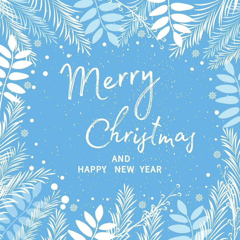 Holiday card Merry Christmas and New Year. Postcard with fir branches and snowflakes. vector