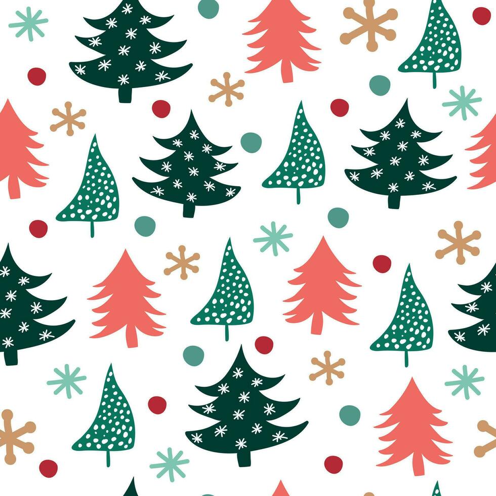 New Year seamless pattern with fir trees and balls. Christmas design for packaging, fabric, cover. vector