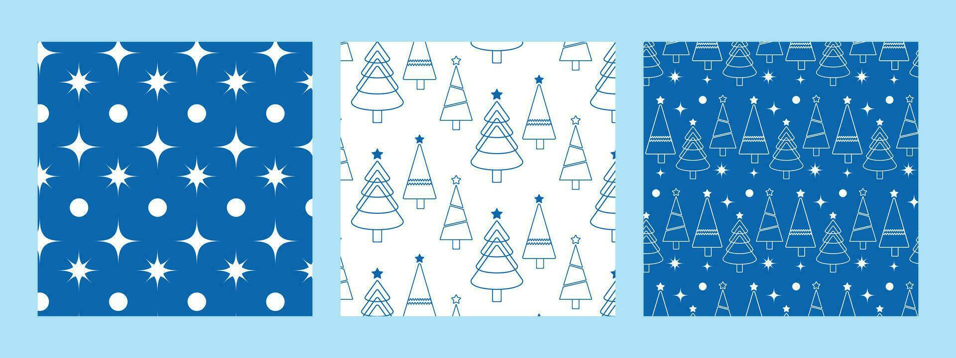 A set of New Year and Christmas seamless patterns in blue with fir trees. Patterns on the swatch panel. vector