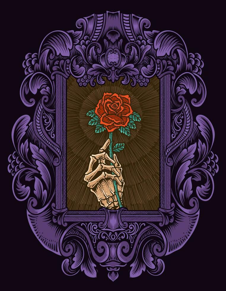 Illustration vector skull holding rose flower with engraving ornament frame