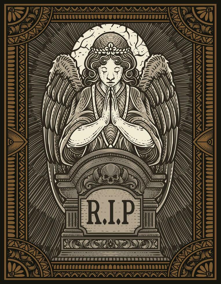 Illustration vector angels praying at the tombstone with engraving ornament frame