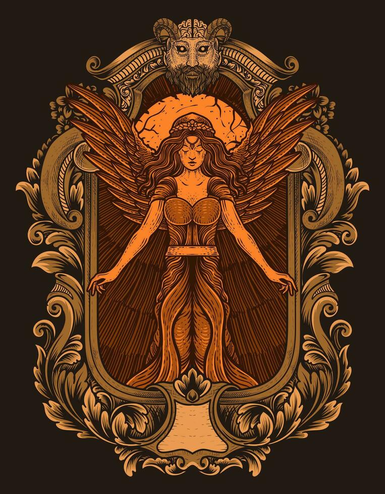 Illustration hand drawn. Vintage female angel with engraving ornament frame vector