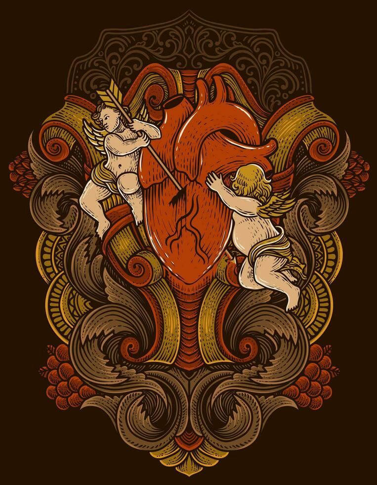 Illustration vector angel holding heart with engraving ornament