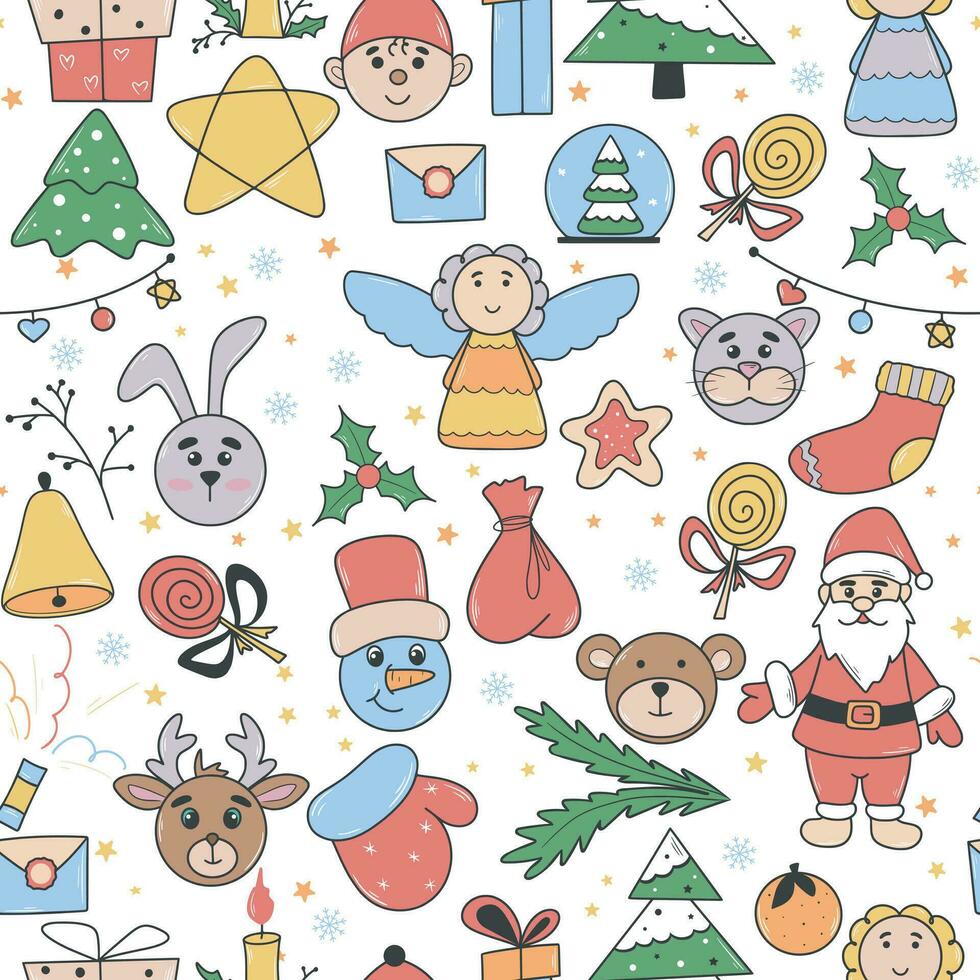 Festive Christmas print with Santa Claus, pine tree and New Year attributes vector