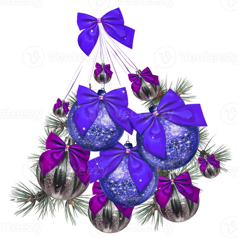 a group of Christmas shiny balls in a bundle on a fir branch png