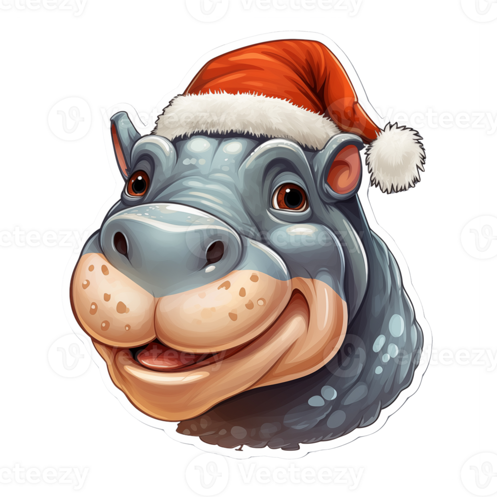 realistic illustartion christmas sticker of a hippo wearing santa's hat, ai generative png