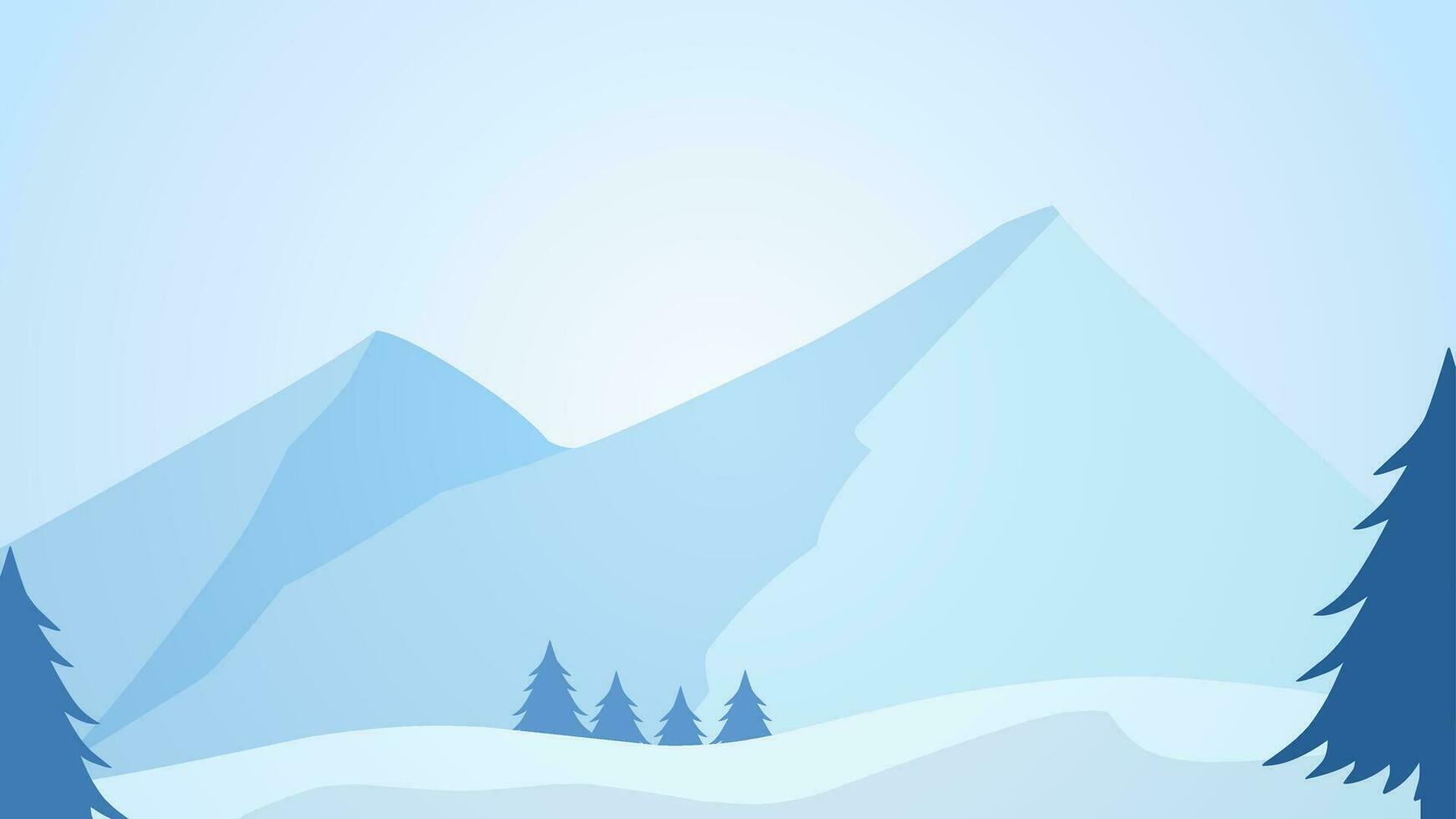 Snowy mountain landscape vector illustration. Scenery of snow covered mountain in winter season. Winter mountain panorama for illustration, background or wallpaper