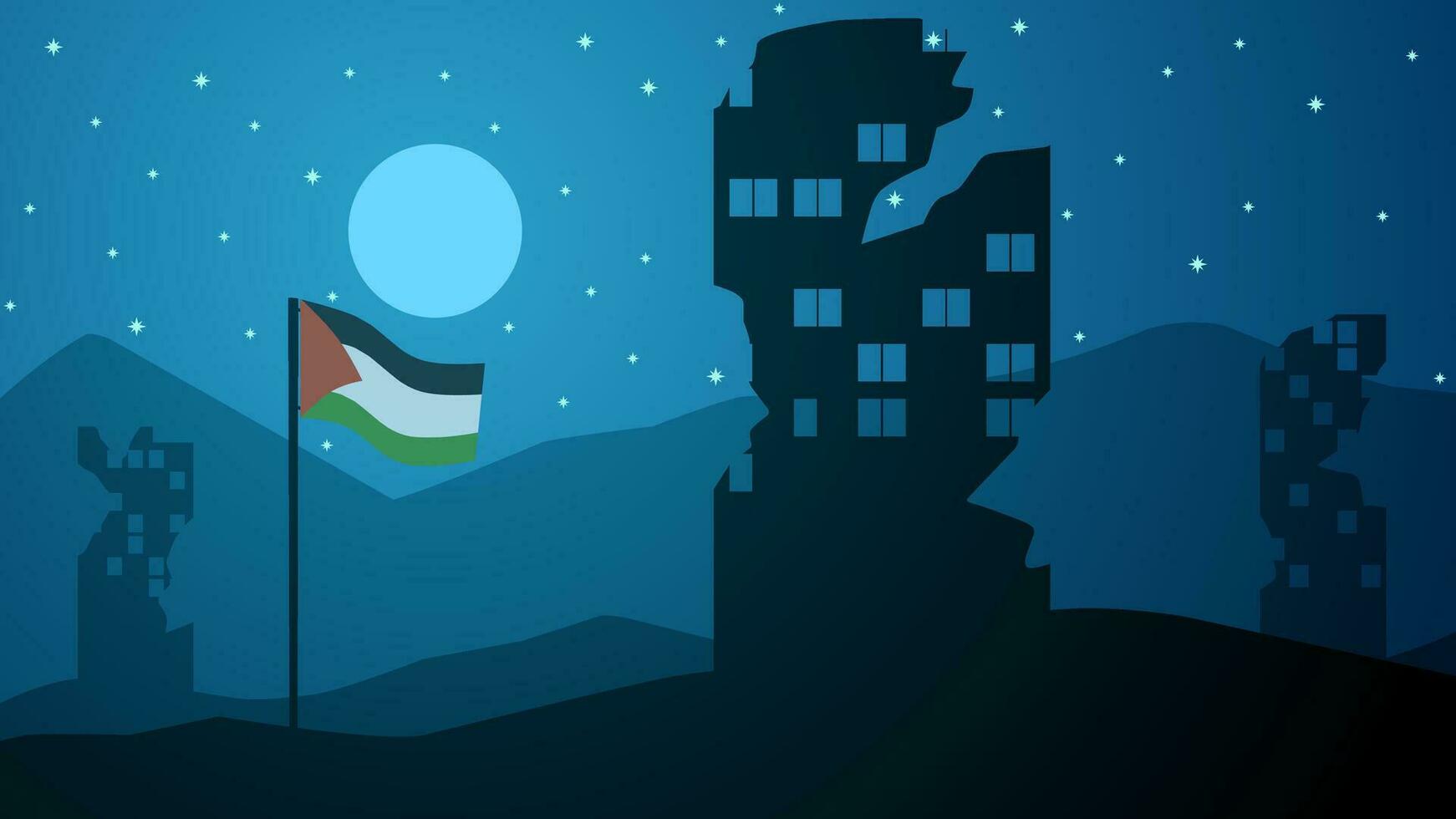 Palestine landscape vector illustration. Silhouette of destroyed city at night with palestine flag. Landscape illustration of palestine for background or wallpaper