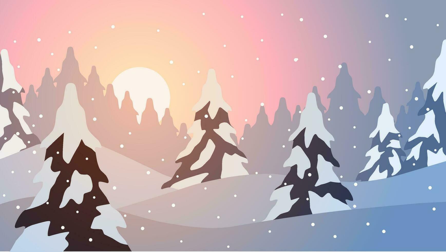 Snowy forest landscape vector illustration. Scenery of snow covered pine forest in winter season. Winter forest panorama for illustration, background or wallpaper