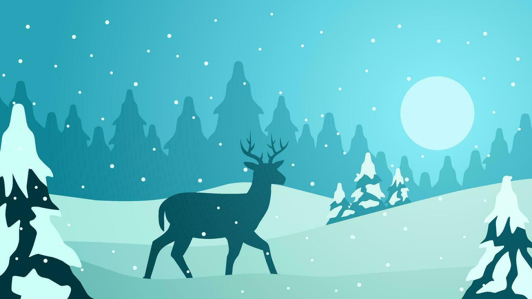 Wildlife forest landscape vector illustration. Scenery of reindeer silhouette in the pine forest. Deer wildlife panorama for illustration, background or wallpaper