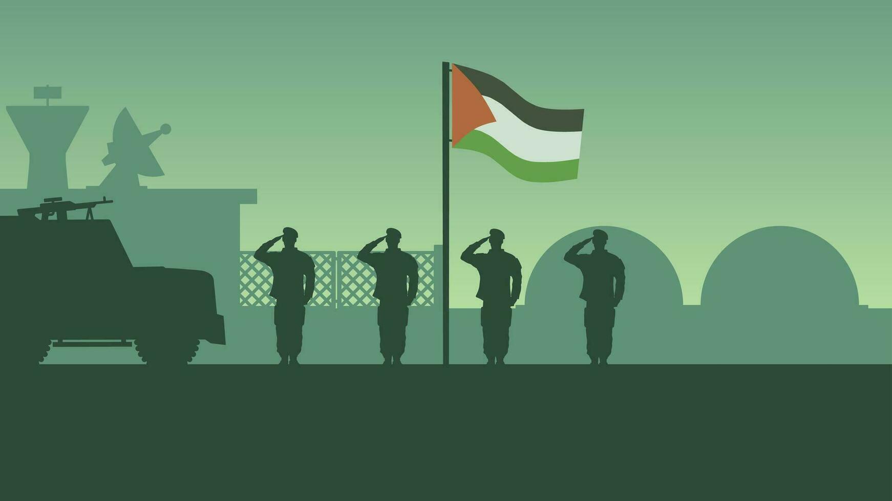 Palestine military base landscape vector illustration. Silhouette of army salute to palestine flag in military base. Military illustration for background, wallpaper, issue and conflict