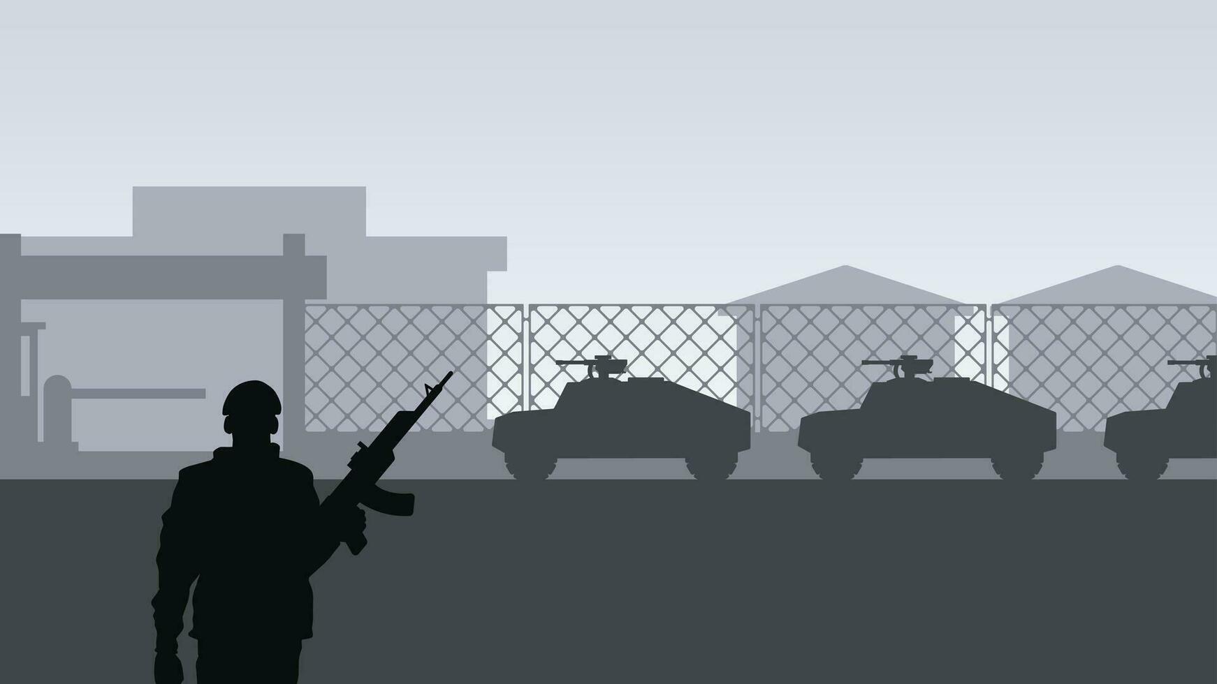 Military base landscape vector illustration. Silhouette of at military base with soldier and armored vehicles. Military landscape for background, wallpaper or landing page