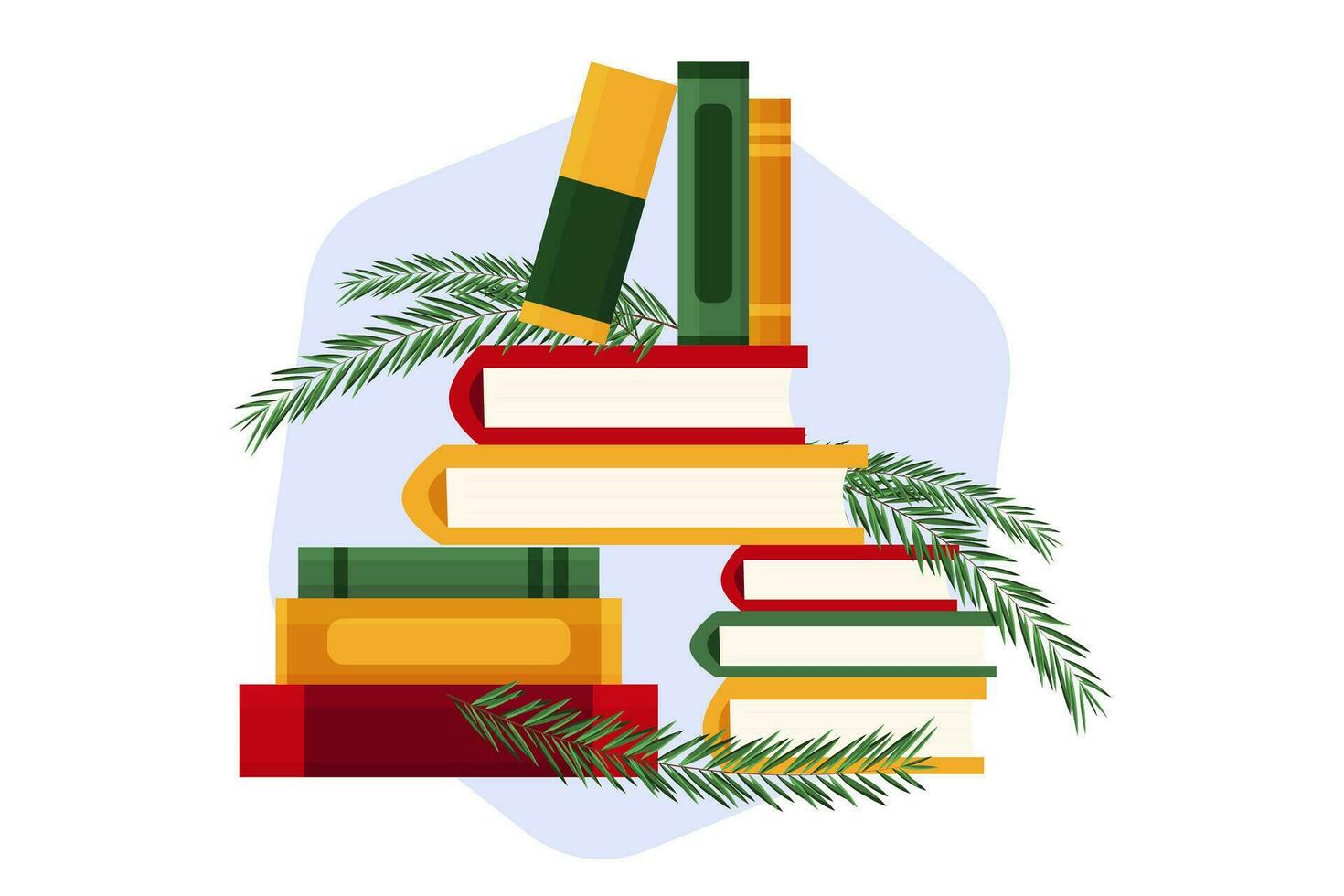 a stack of Christmas books with Christmas tree branches. I like to read. Fairy tales and stories about the New Year and Santa Claus. Vector illustration