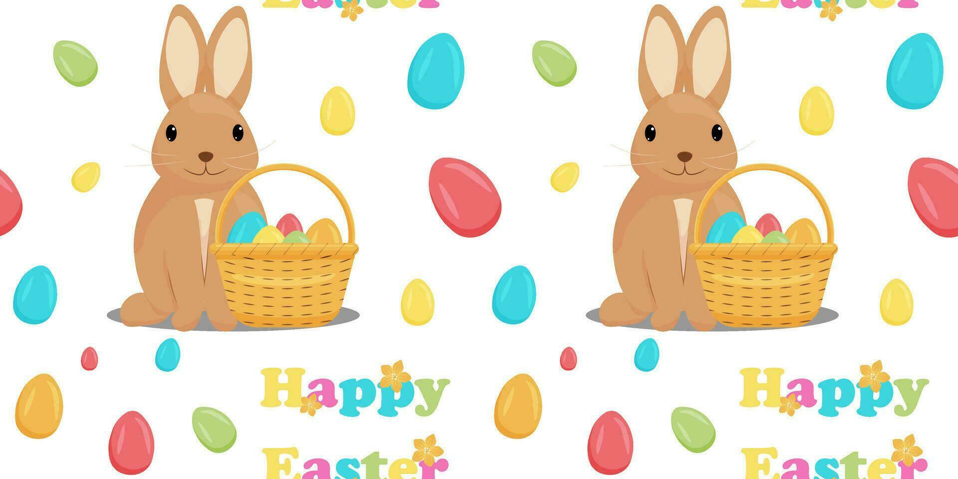 seamless pattern happy easter. A rabbit with a basket and Easter eggs. egg hunt. vector illustration