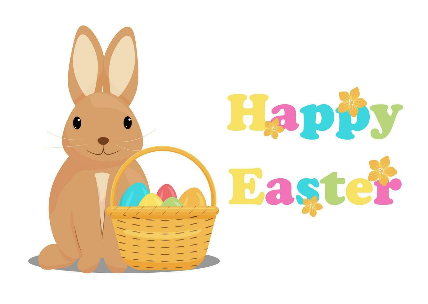 Cute cartoon Easter bunny with basket and eggs. Happy Easter text. Vector illustration