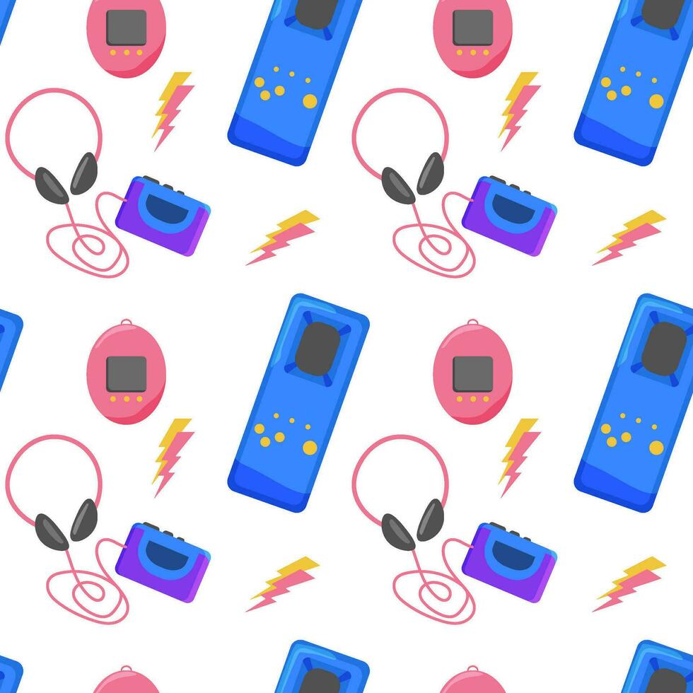 Seamless pattern of the 80s 90s with vintage objects, things. Vector illustration