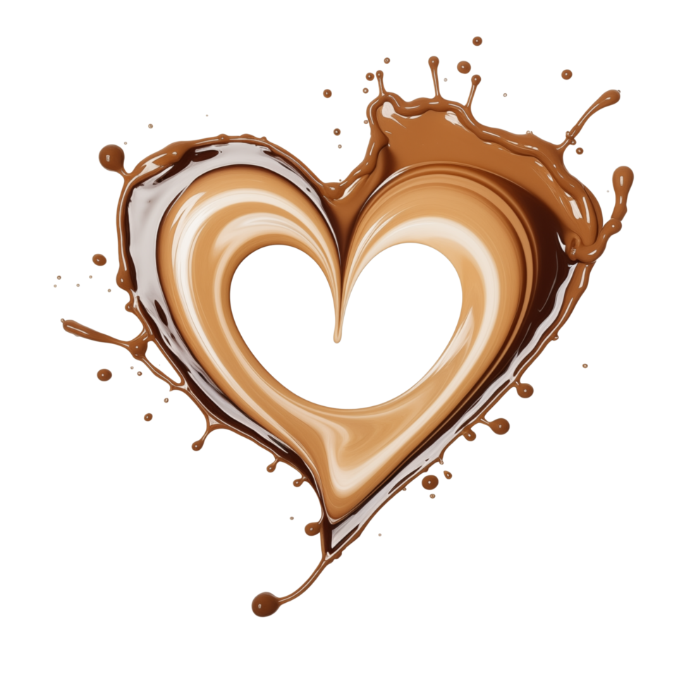 Liquid brown coffee or chocolate love shape with splash and drops