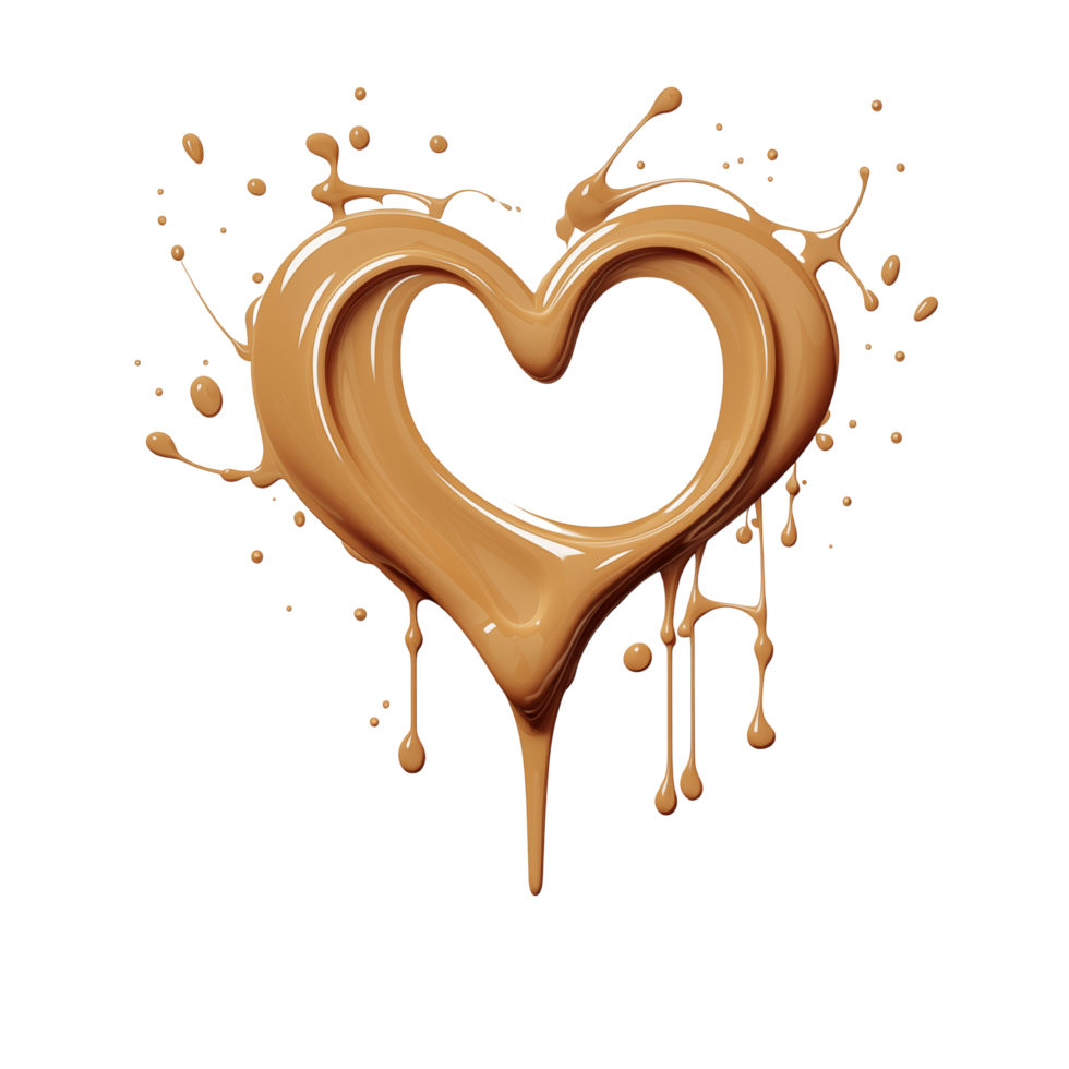 Liquid brown coffee or chocolate love shape with splash and drops