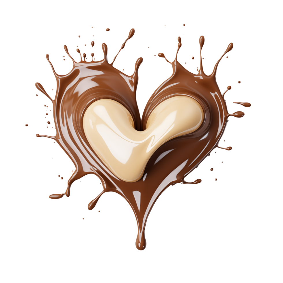 Liquid brown coffee or chocolate love shape with splash and drops