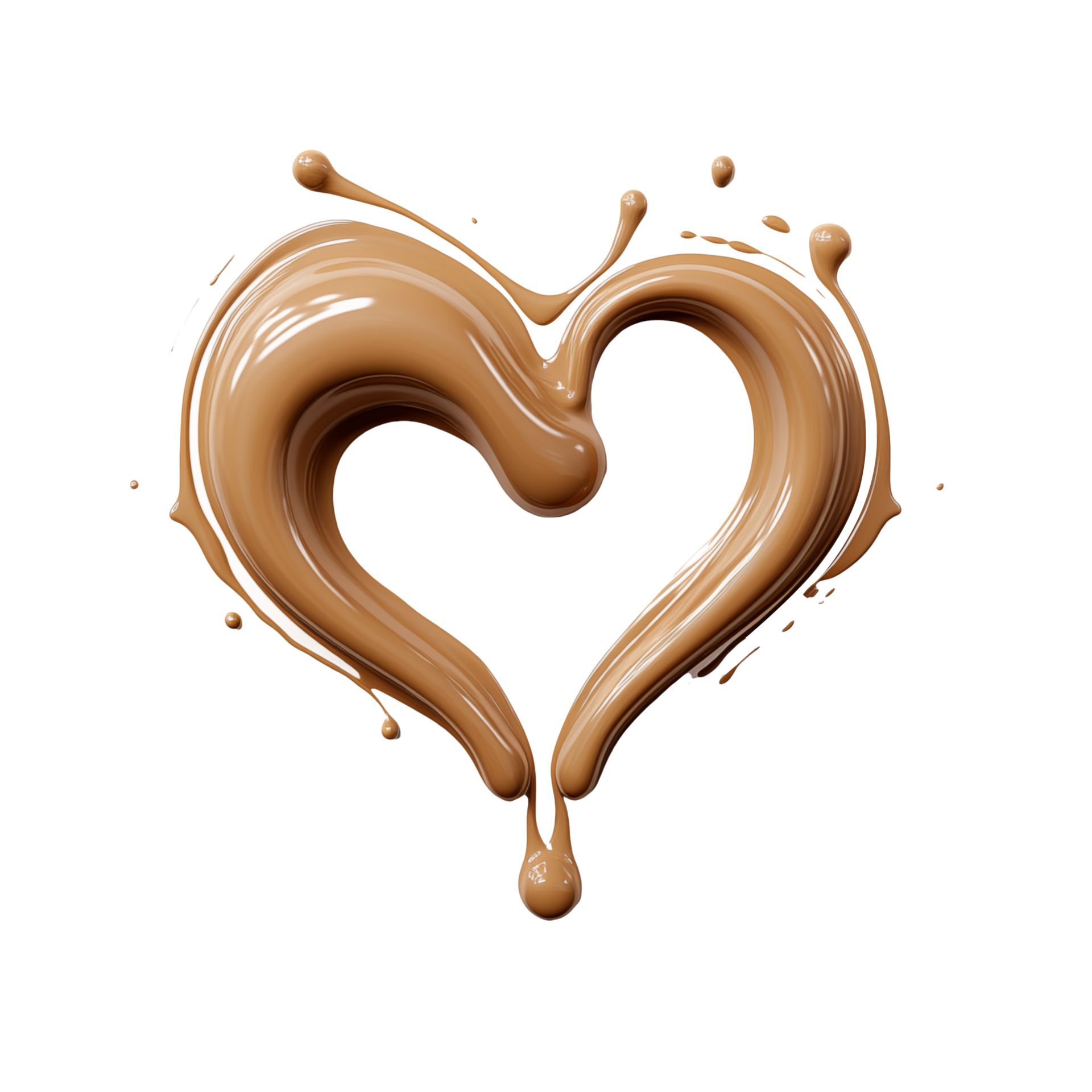 Liquid brown coffee or chocolate love shape with splash and drops