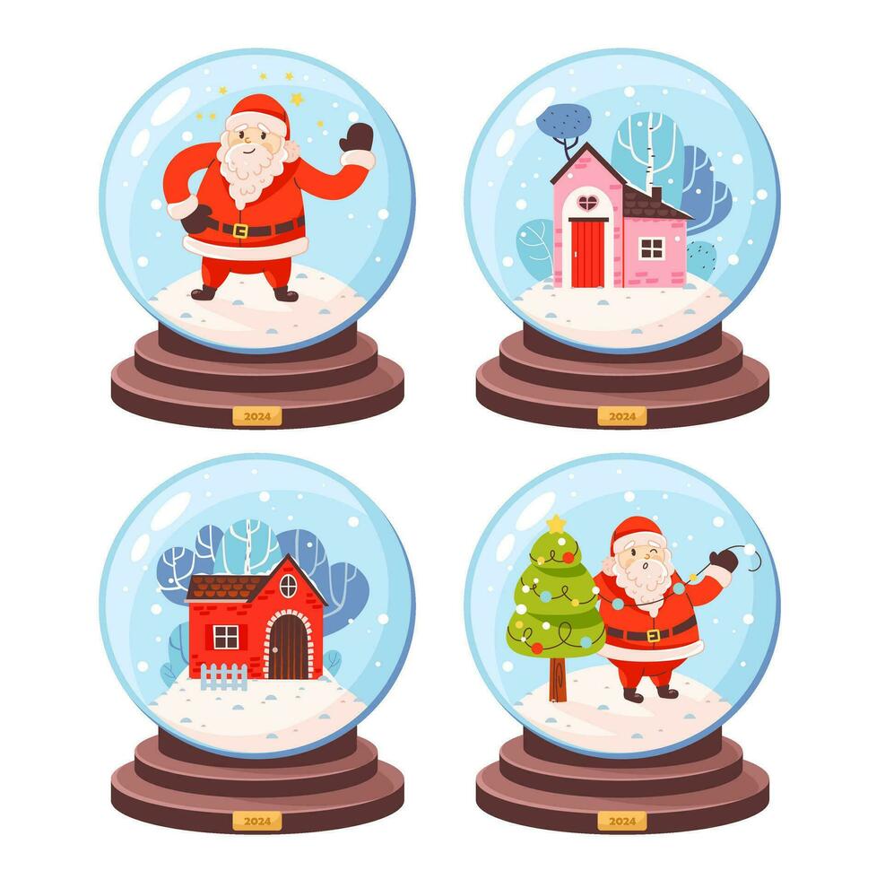 Glass snow globe with a cozy house and Santa Claus. Home in a crystal bubble. Christmas decoration. Cartoon vector illustration.
