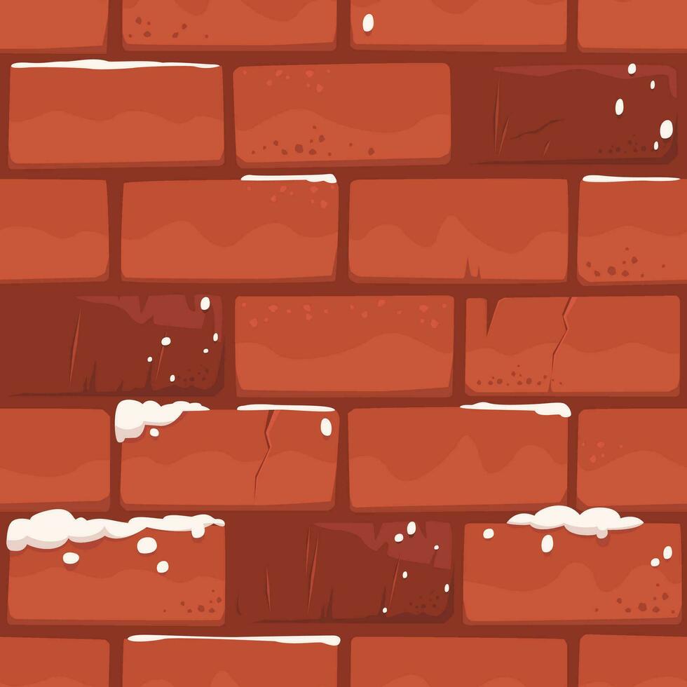 Cracked Christmas Brick Wall, Orange Cartoon Bricks Covered With Snow. vector