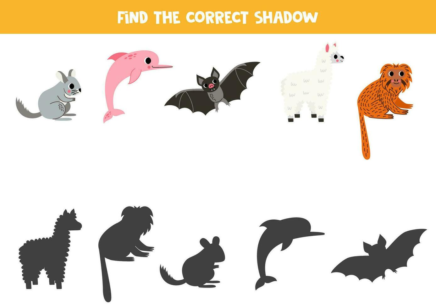 Find shadows of cute south American animals. Educational logical game for kids. vector
