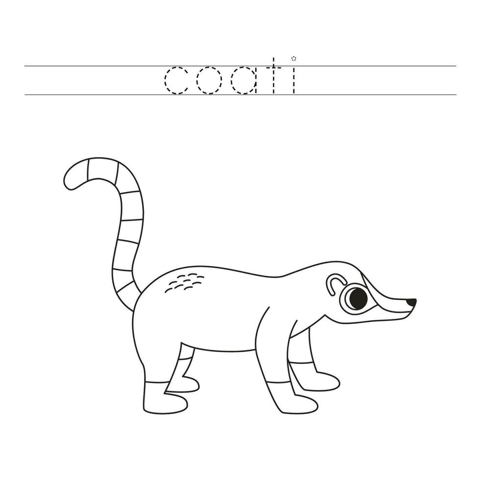 Trace the letters and color cartoon coati. Handwriting practice for kids. vector