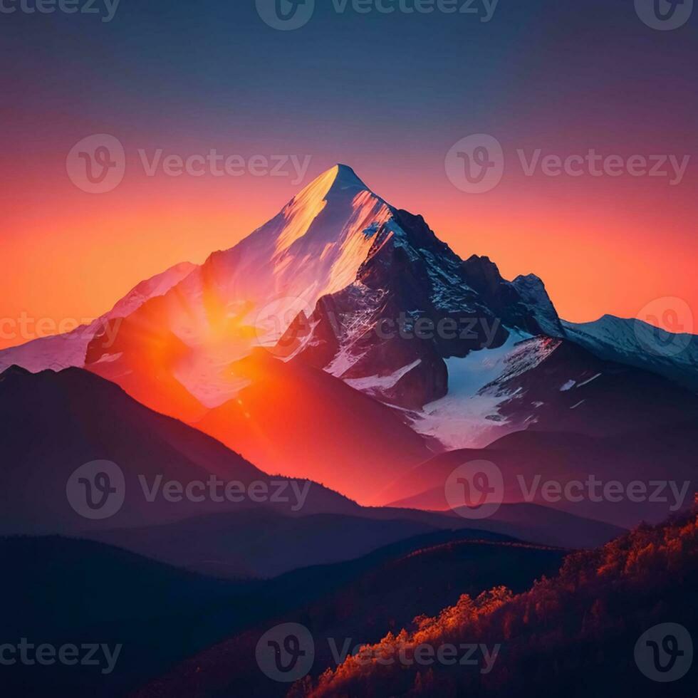 AI Generative Dawn over the snow capped mountains. Snowy mountain peak at dawn. Sunrise in mountains. Mountain sunrise landscape photo