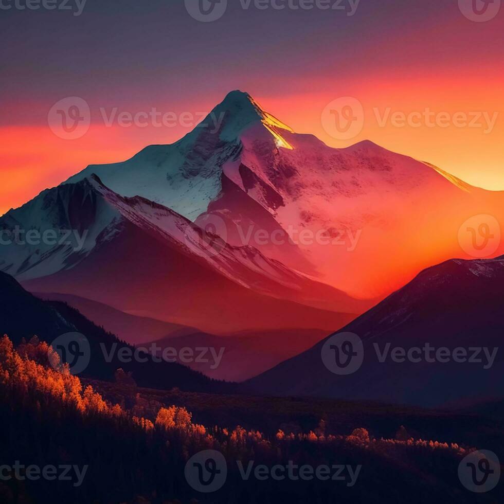 AI Generative Dawn over the snow capped mountains. Snowy mountain peak at dawn. Sunrise in mountains. Mountain sunrise landscape photo