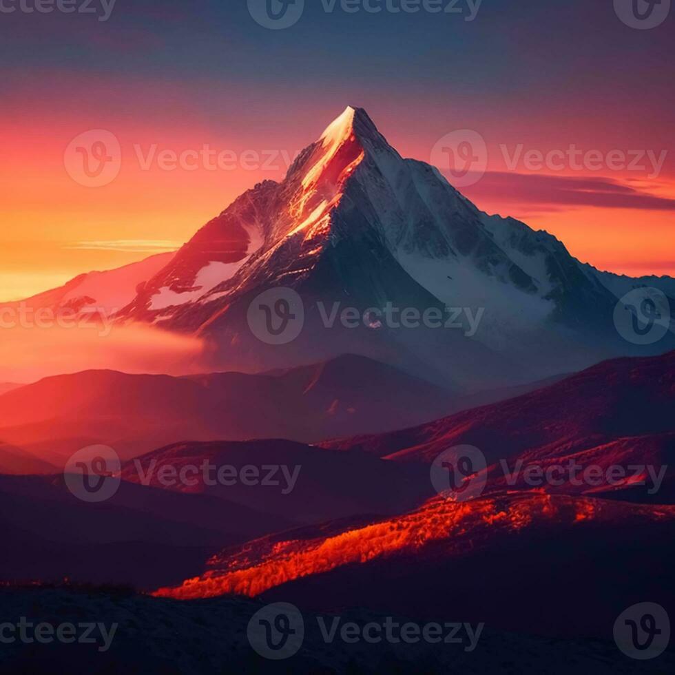 AI Generative Dawn over the snow capped mountains. Snowy mountain peak at dawn. Sunrise in mountains. Mountain sunrise landscape photo