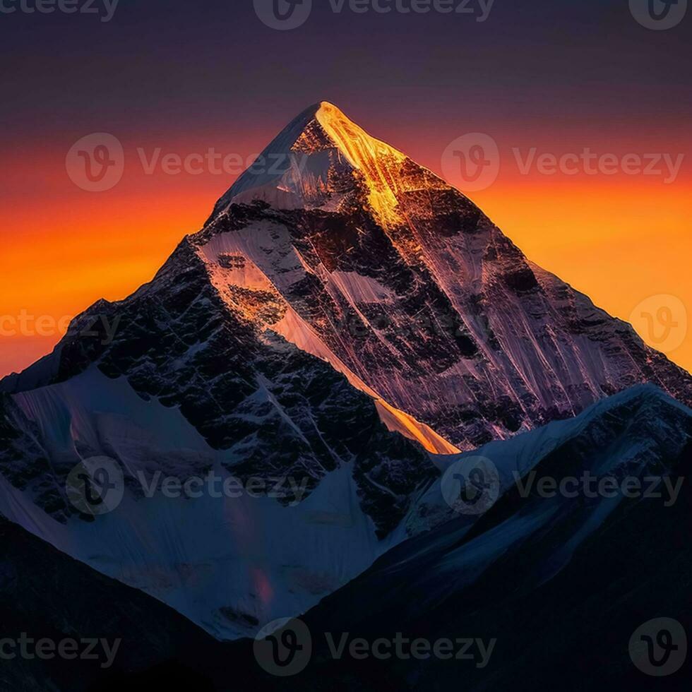 AI Generative Dawn over the snow capped mountains. Snowy mountain peak at dawn. Sunrise in mountains. Mountain sunrise landscape photo