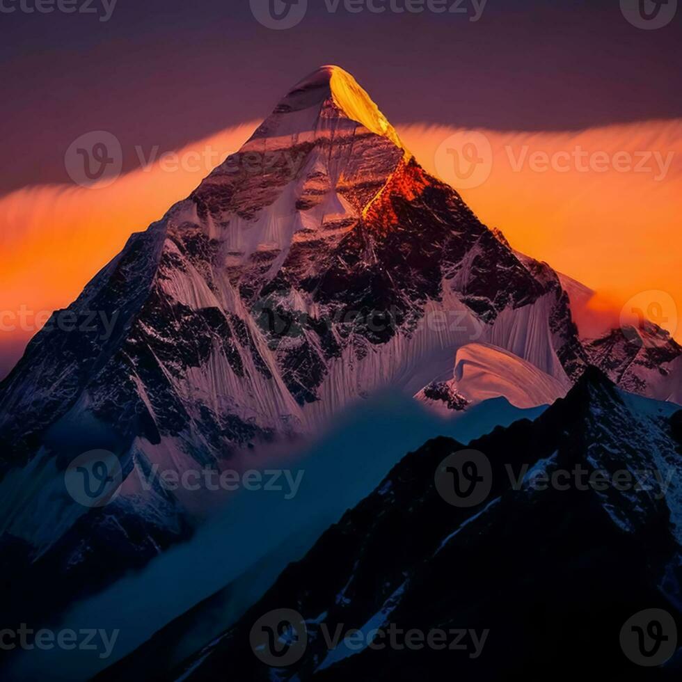 AI Generative Dawn over the snow capped mountains. Snowy mountain peak at dawn. Sunrise in mountains. Mountain sunrise landscape photo